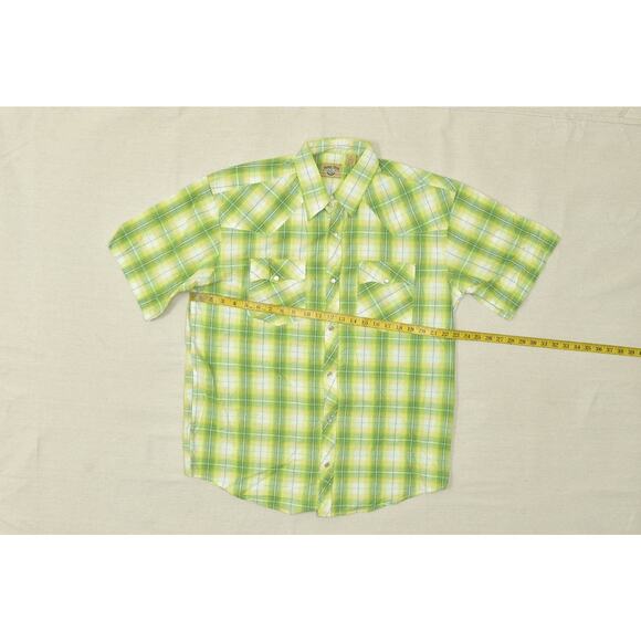Moda Tech Men Green Yellow Plaid Western Snap Shirt Short Sleeve Regular Size L - Picture 5 of 8